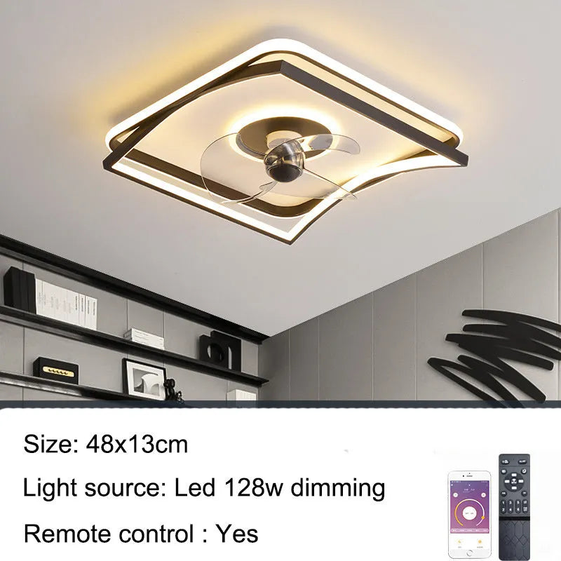 Modern black ceiling fan lamp with light, shown in annular, round, and square style options.