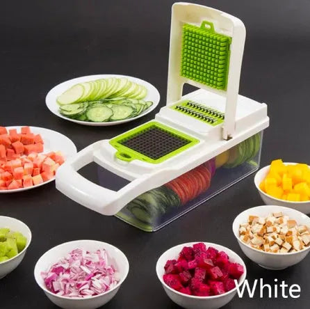 Multifunctional vegetable cutter with 7 stainless steel blades and wheat straw body in black, 31.8 cm