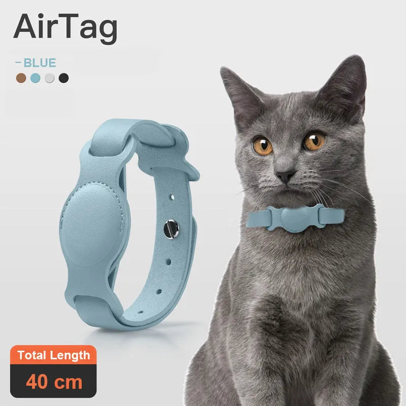 Leather pet collar AirTag holder in misty blue, adjustable 40cm, with silicone lining for anti-scratch protection