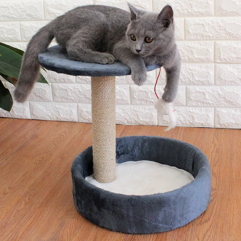 Small cat tree with plush cave and sisal scratching posts in beige, with top platform for jumping