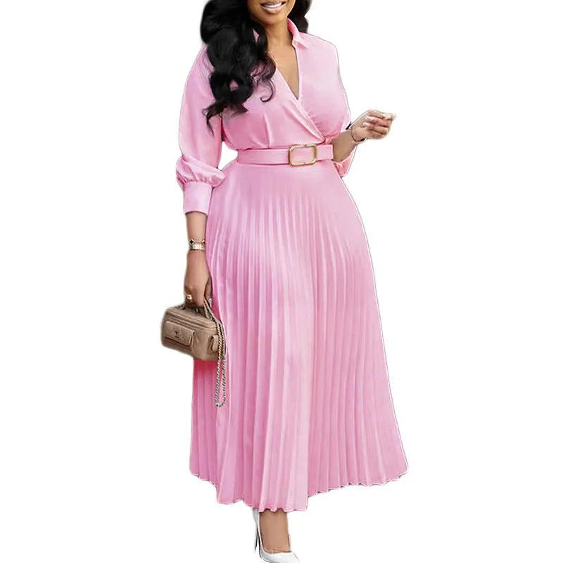 Women's polo collar dress with pleated swing skirt and belt detail in solid colour