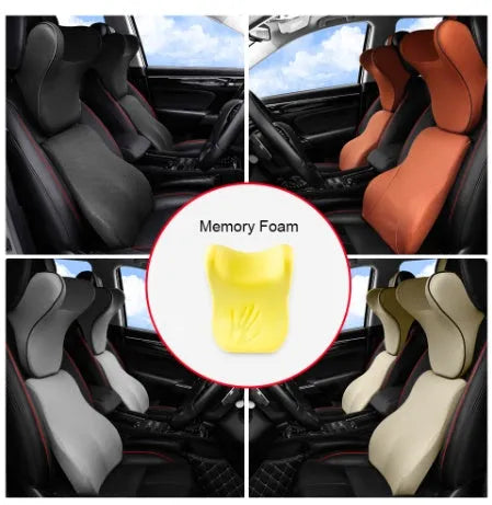 Car headrest set with memory foam cotton pillow and lumbar support in breathable fabric on car seat