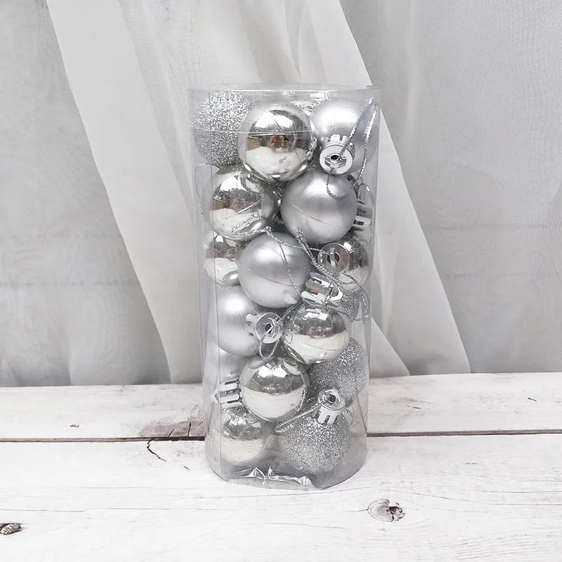 Assortment of 3cm shiny matte Christmas ball decorations in gold, red, silver, blue, and pink colours.