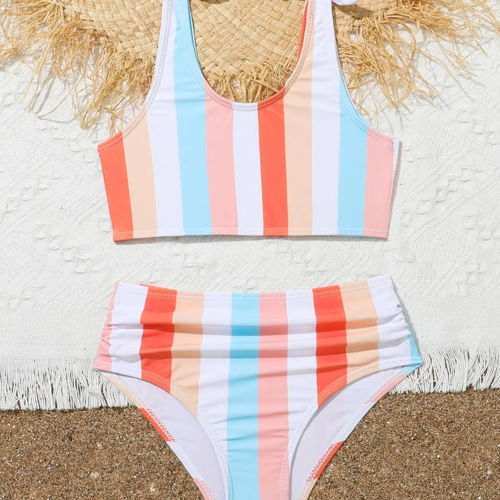 Girls' colourful plaid print swimsuit set with bra and briefs for swimming