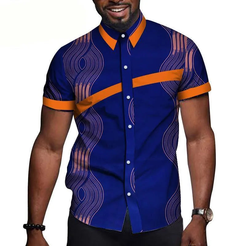 African men cotton printed short sleeve lapel t shirt with colourblock design, available in multiple colours