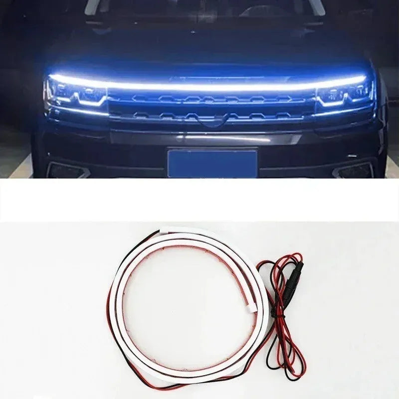 Flexible silicone LED car light strip showing white, blue, and red colour options in different lengths.