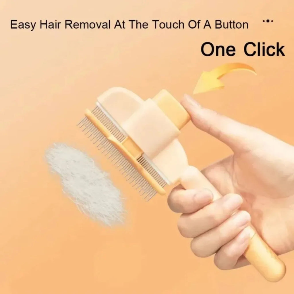 Green and yellow handheld dog grooming brush with one-click hair removal function.