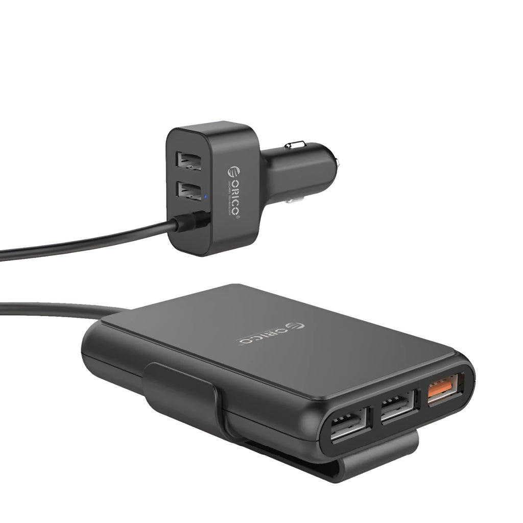 ORICO black 5-port car charger with QC3.0 expander, 1.8m cable, and USB-A ports