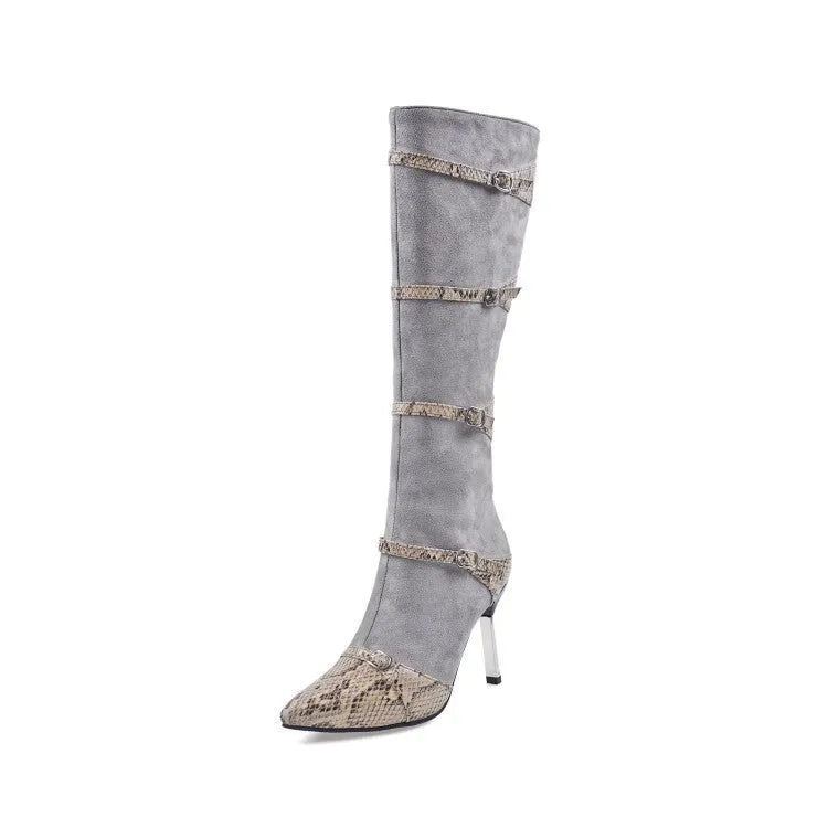 Grey and black women's knee-high boots with a thin 9cm high heel and velvet interior.