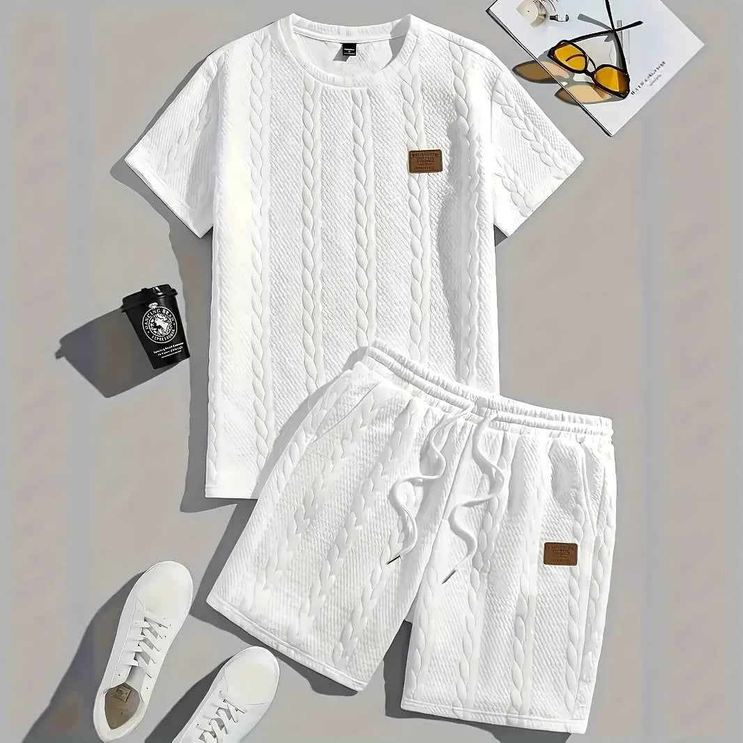 Men's black sports two-piece set with short sleeve rib T-shirt and matching shorts