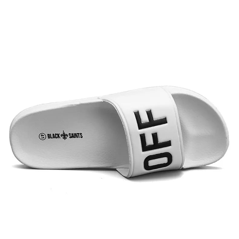 Men's black and white open toe personalised slippers with a rubber sole, shown in a large size.