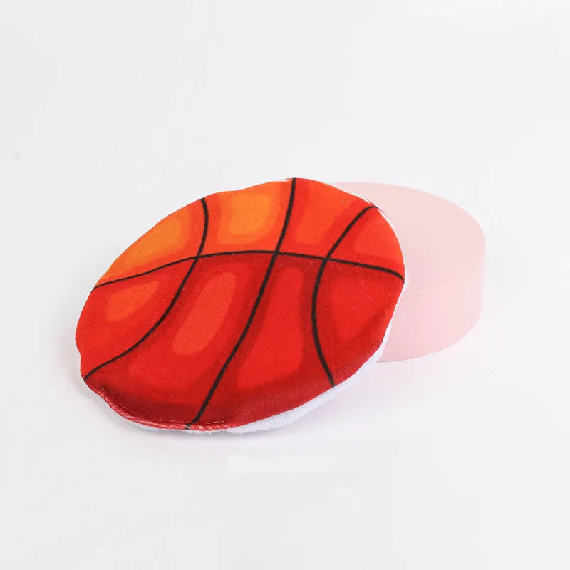 Plush cat flying disc toy with sports ball pattern, containing catnip and crinkle sound for indoor cats
