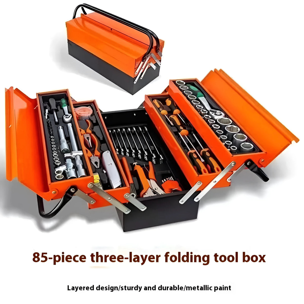 85-piece auto repair kit in a large three-layer toolbox for car and household use