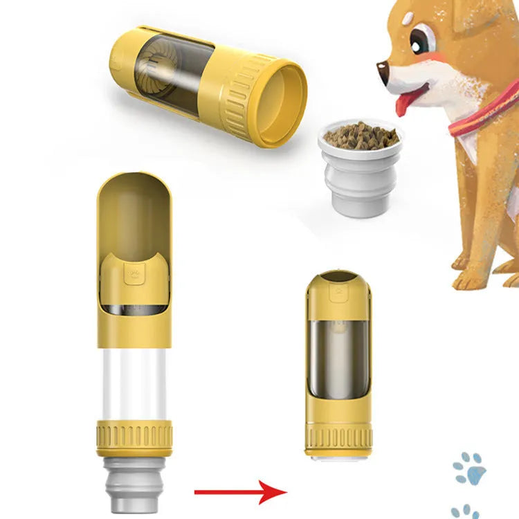 Portable dog water bottle with built-in bowl in dark blue, white, or yellow colours