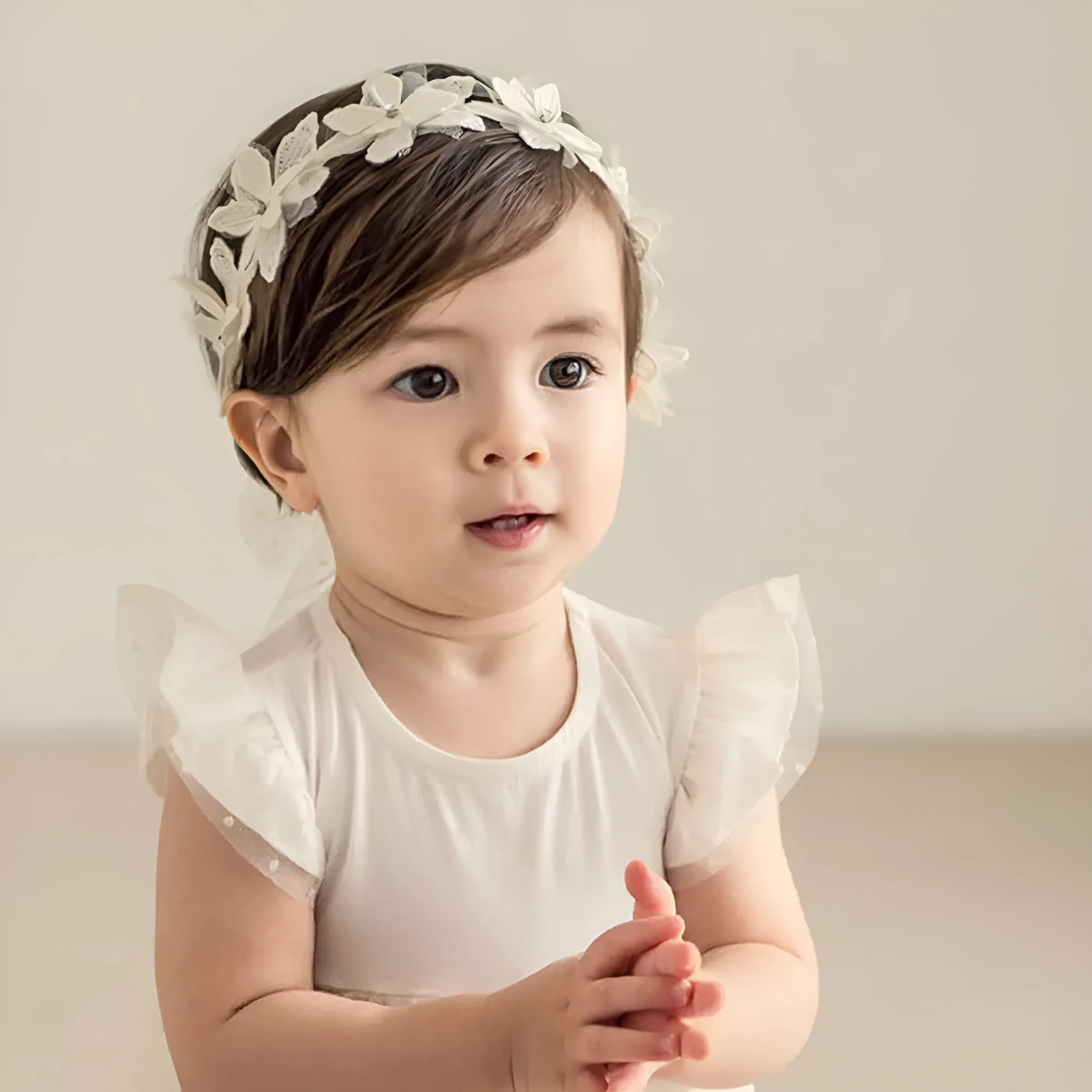 Baby girls headband with double bow-knot and lace floral design in soft cloth material