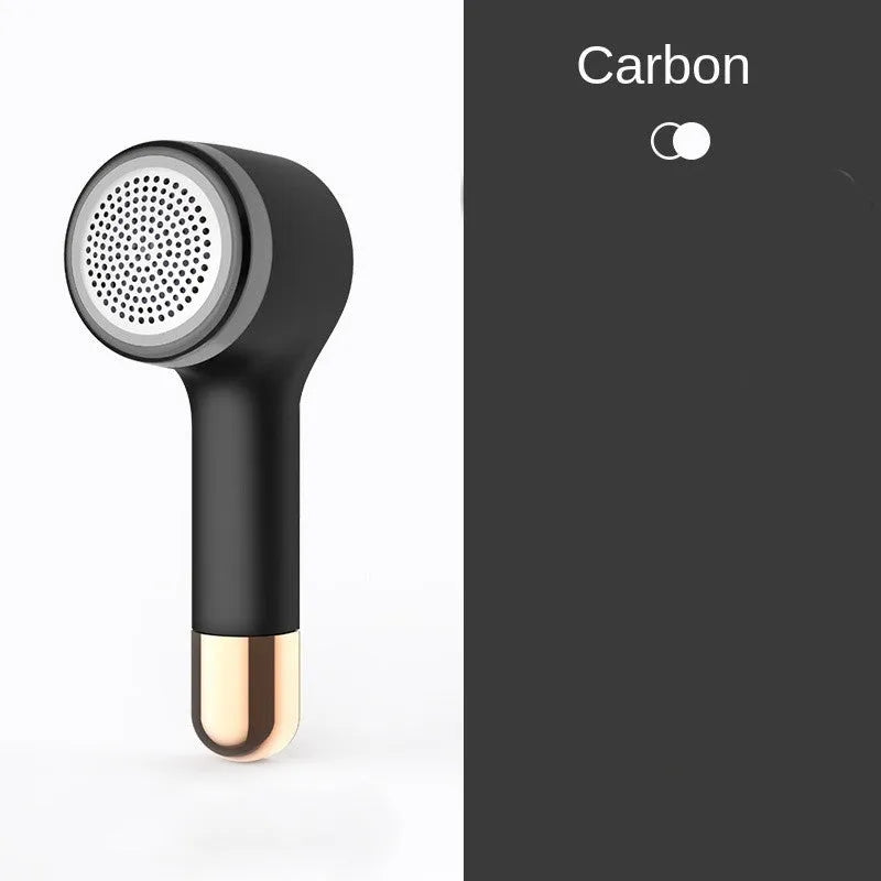 USB rechargeable hair ball trimmer with stainless steel cutting net on an ABS plastic body.