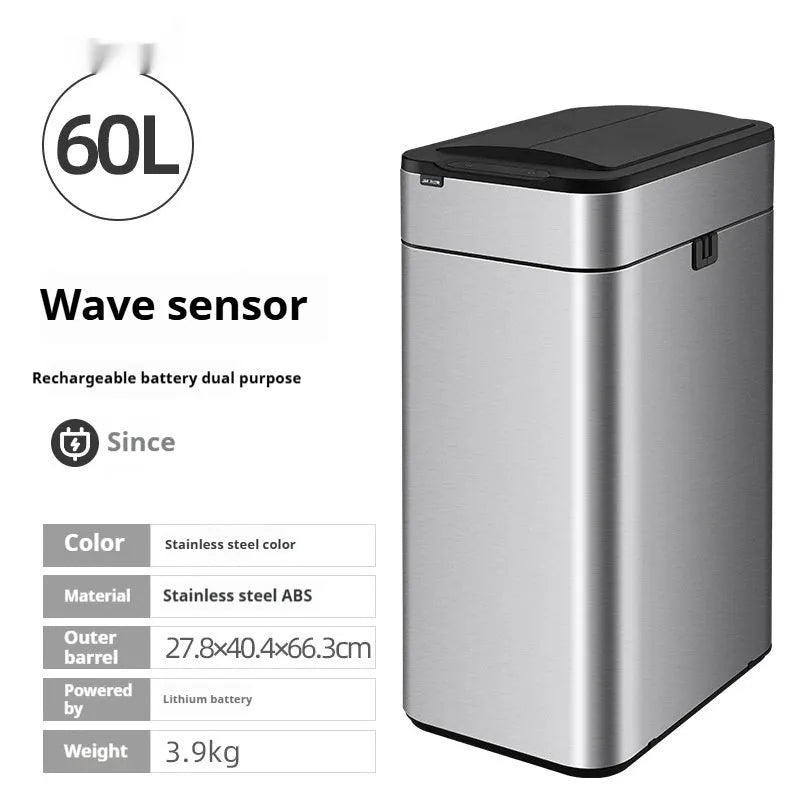 Inductive ashbin smart trash can in stainless steel with motion sensor lid and deodorant feature, square bucket shape