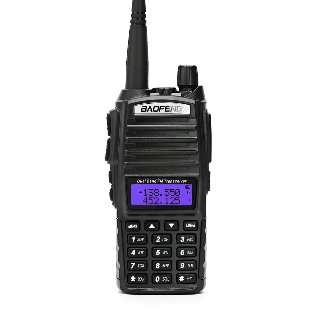 BF-UV82 8W walkie talkie black with antenna and display front view