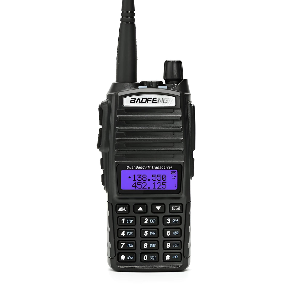 BF-UV82 8W walkie talkie black with antenna and display front view