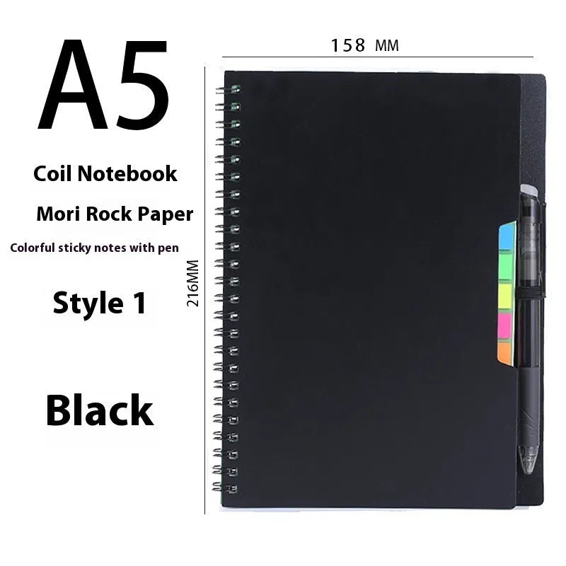 Erasable reusable coil notebook with rock stone paper, shown with a pen and cleaning cloth on a customisable cover.