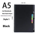 Erasable reusable coil notebook with rock stone paper, shown with a pen and cleaning cloth on a customisable cover.
