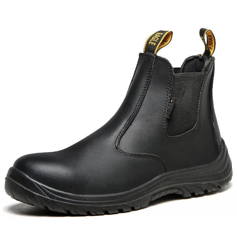 Black leather safety work boots with high-top design and anti-piercing function