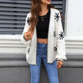 Beige plus size women's knitted cardigan coat with jacquard flower pattern, loose off-neck street fashion style.