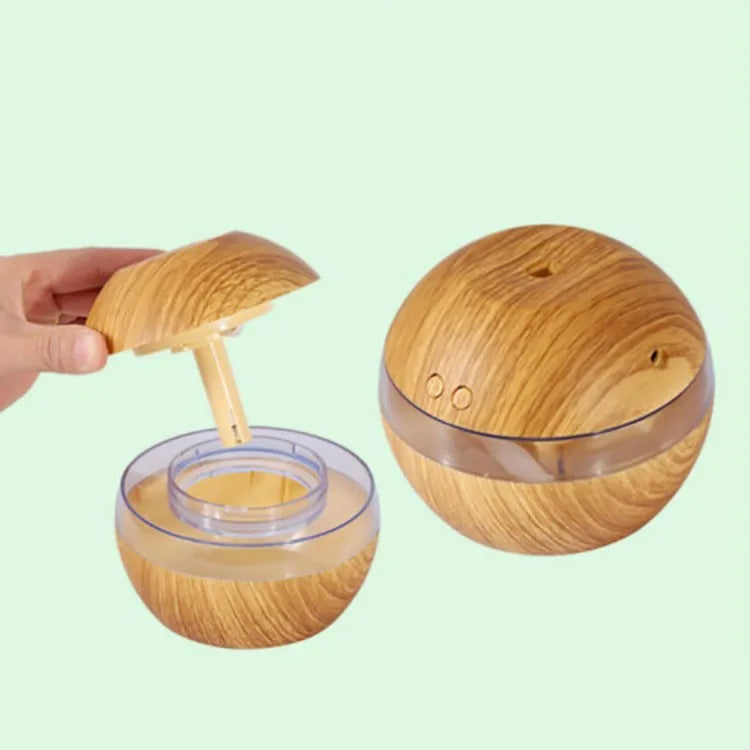 Brown wood grain USB humidifier with 200ml water tank measuring 90x80x5mm