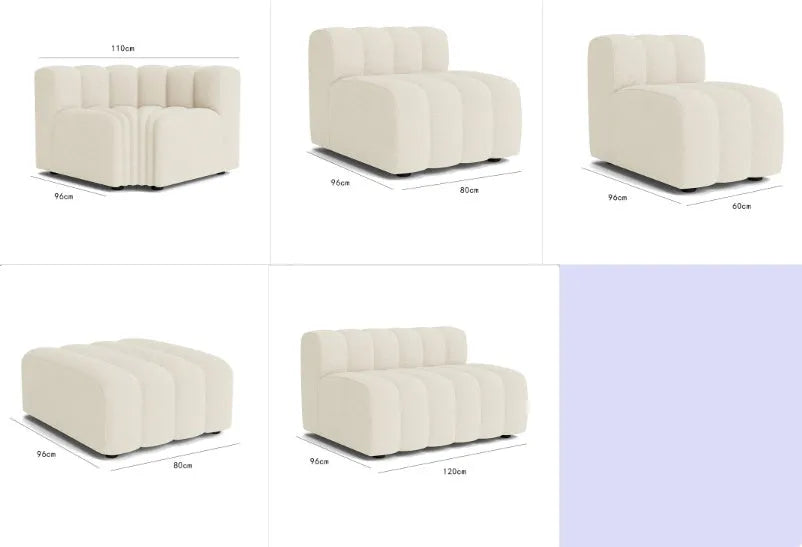 Nordic modular sofa set in beige fleece with square units corner and footrest