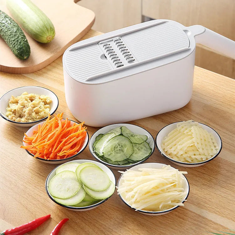 Nordic style multifunctional vegetable cutter in blue, grey, or khaki with stainless steel blades