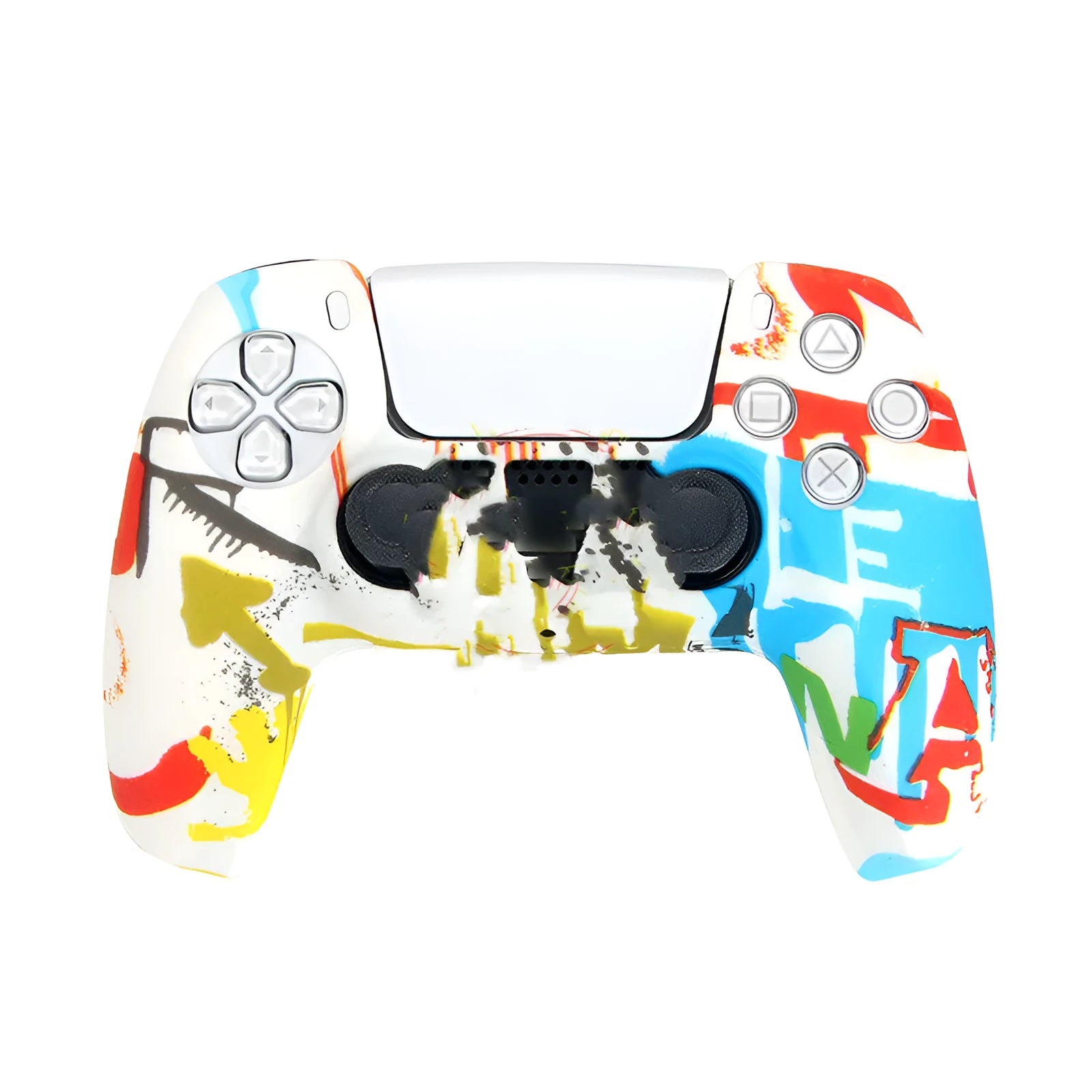 Camouflage patterned silicone grip case fitted on a black Sony PS5 DualSense controller.