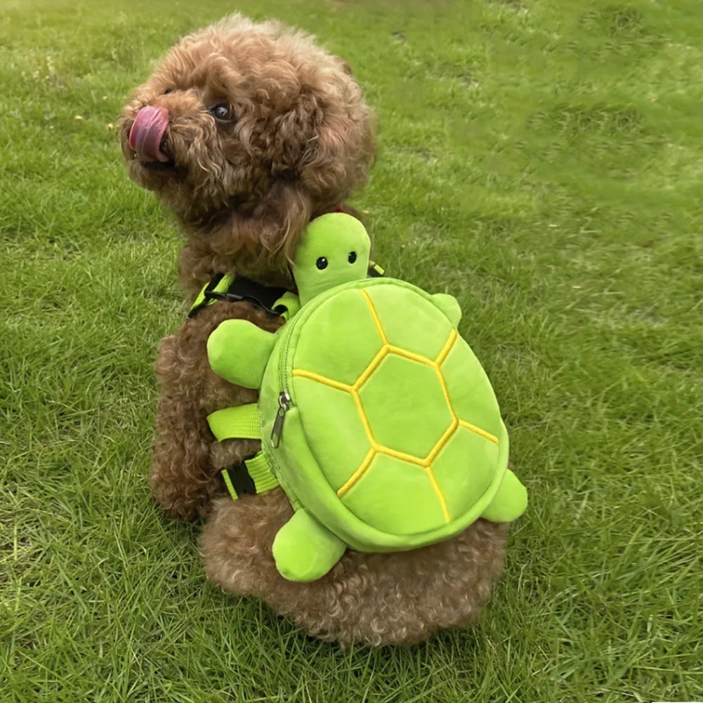 Brown turtle-shaped velvet dog backpack harness vest with metal zipper measuring 20x18cm