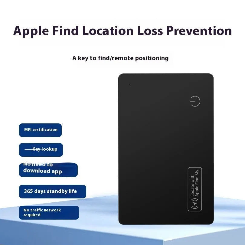 Black ultra-thin Apple anti-loss card with wallet-sized dimensions and MFI certification