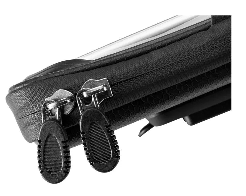 Black waterproof touch screen bicycle handlebar bag mounted on handlebars with phone visible through TPU window
