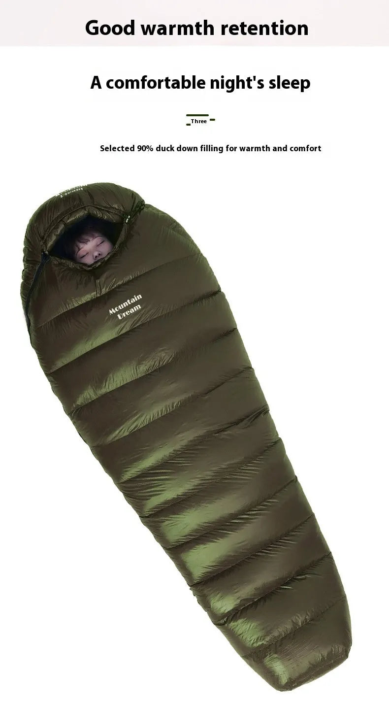 Ultralight mummy-style sleeping bag filled with white duck down, shown in army green 400T nylon fabric.