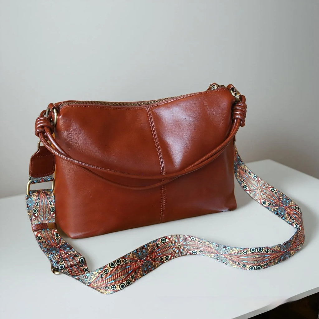 Genuine leather hand shoulder bag in caramel colour, pillow shape, top grain leather, 31x11x24cm