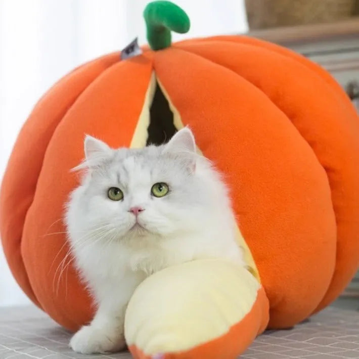 Semi-enclosed pet pumpkin nest in orange PP cotton coralline fabric for cats and small dogs