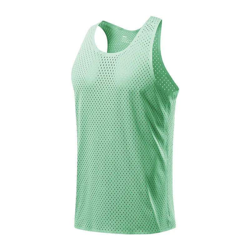Men's solid colour sleeveless sports vest in polyester fabric on a plain background