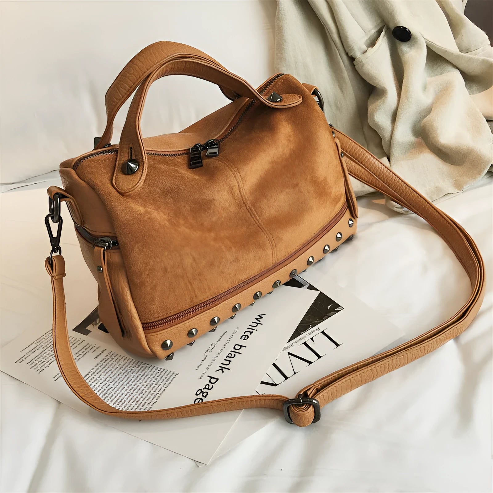 Soft PU women's casual shoulder tote bag in black, brown, or grey with smooth zipper closure