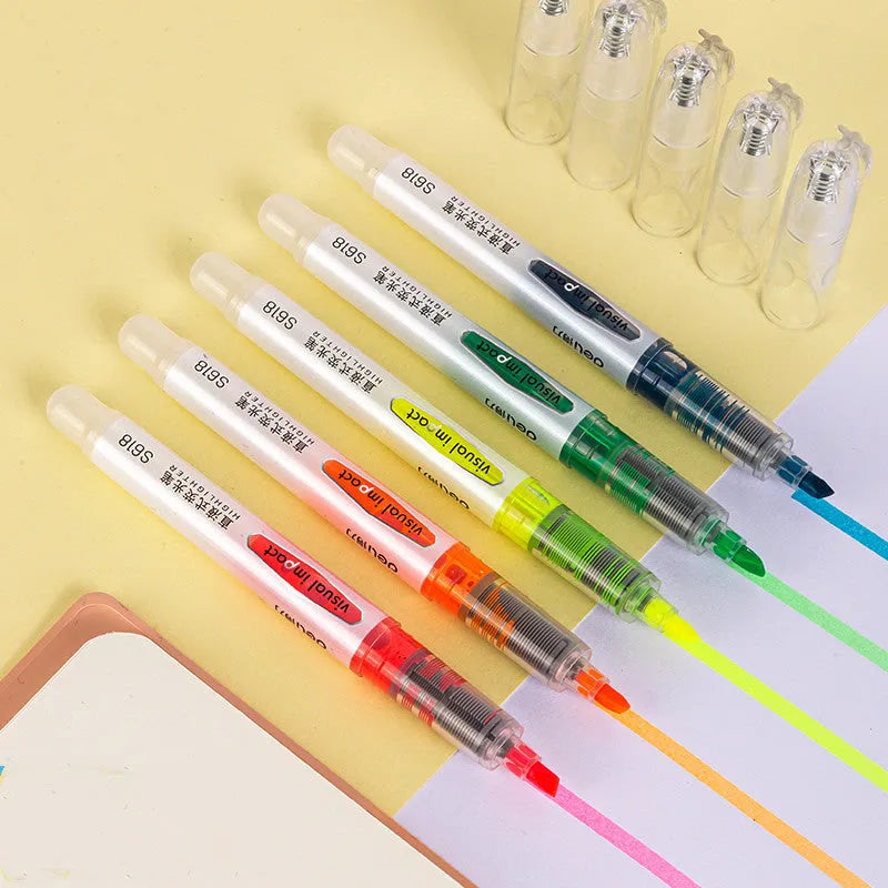 Deli S605 oblique head highlighter marker pen in soft colours with solid and transparent pen holder options