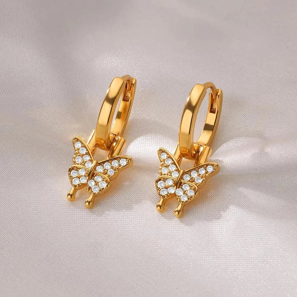 Women's copper geometric butterfly earrings with diamond treatment in multiple colours