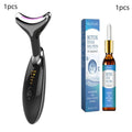 EMS thermal neck lifting massager device with three-colour LED lights on a white background.