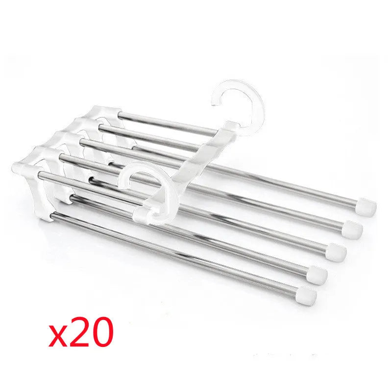 Black stainless steel five-boom trouser hanger showing level and vertical hanging options.