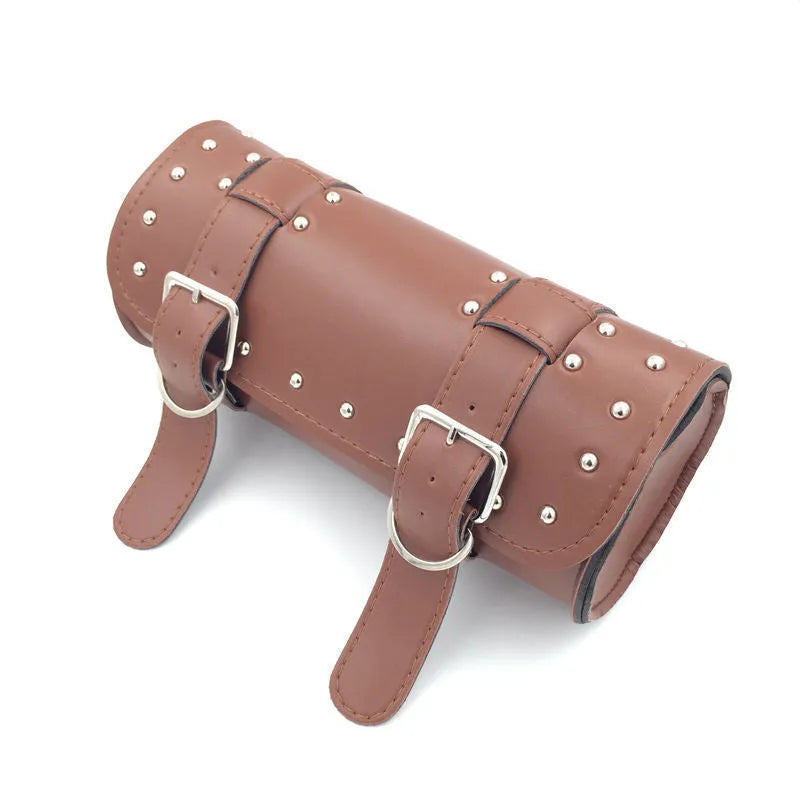 Black PU leather motorcycle bag with tie ropes, size 310x135x135mm, for electric vehicle modification storage