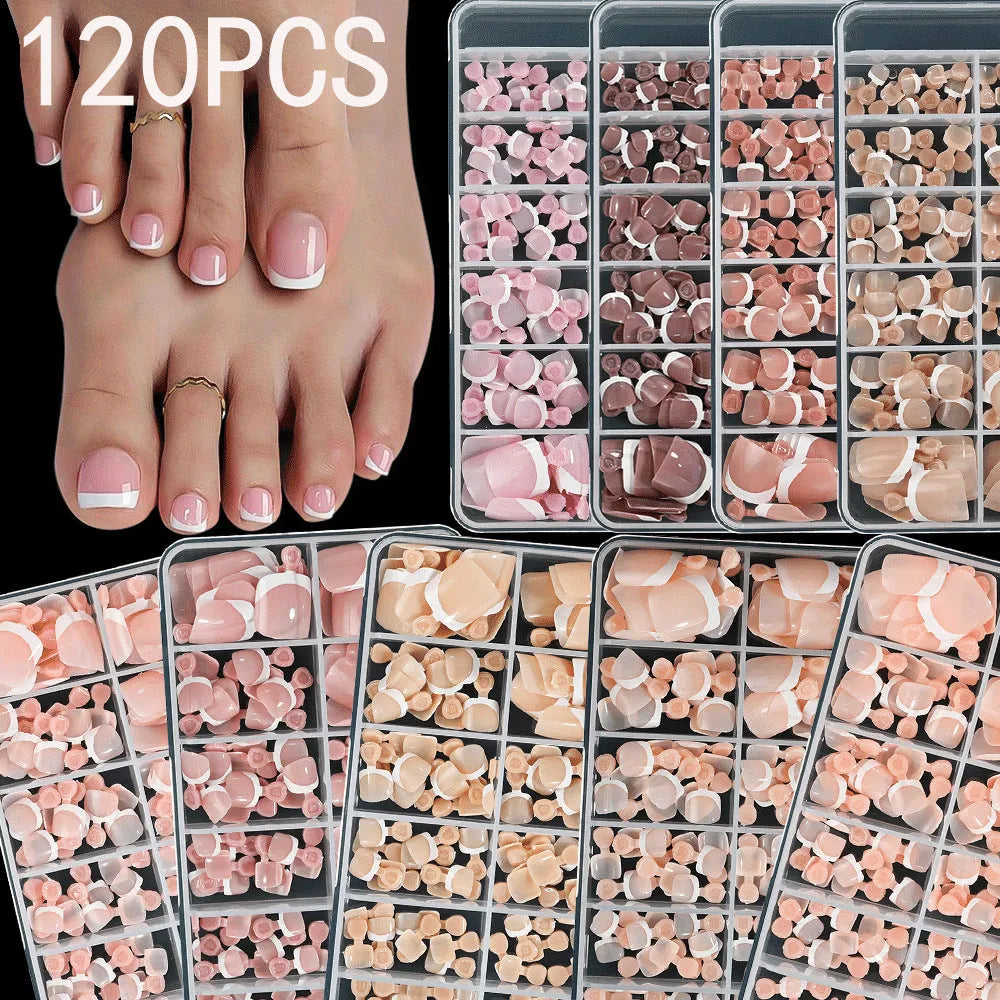 120 pieces box of French white edge short full square toe nail pieces for ladies in multiple colours