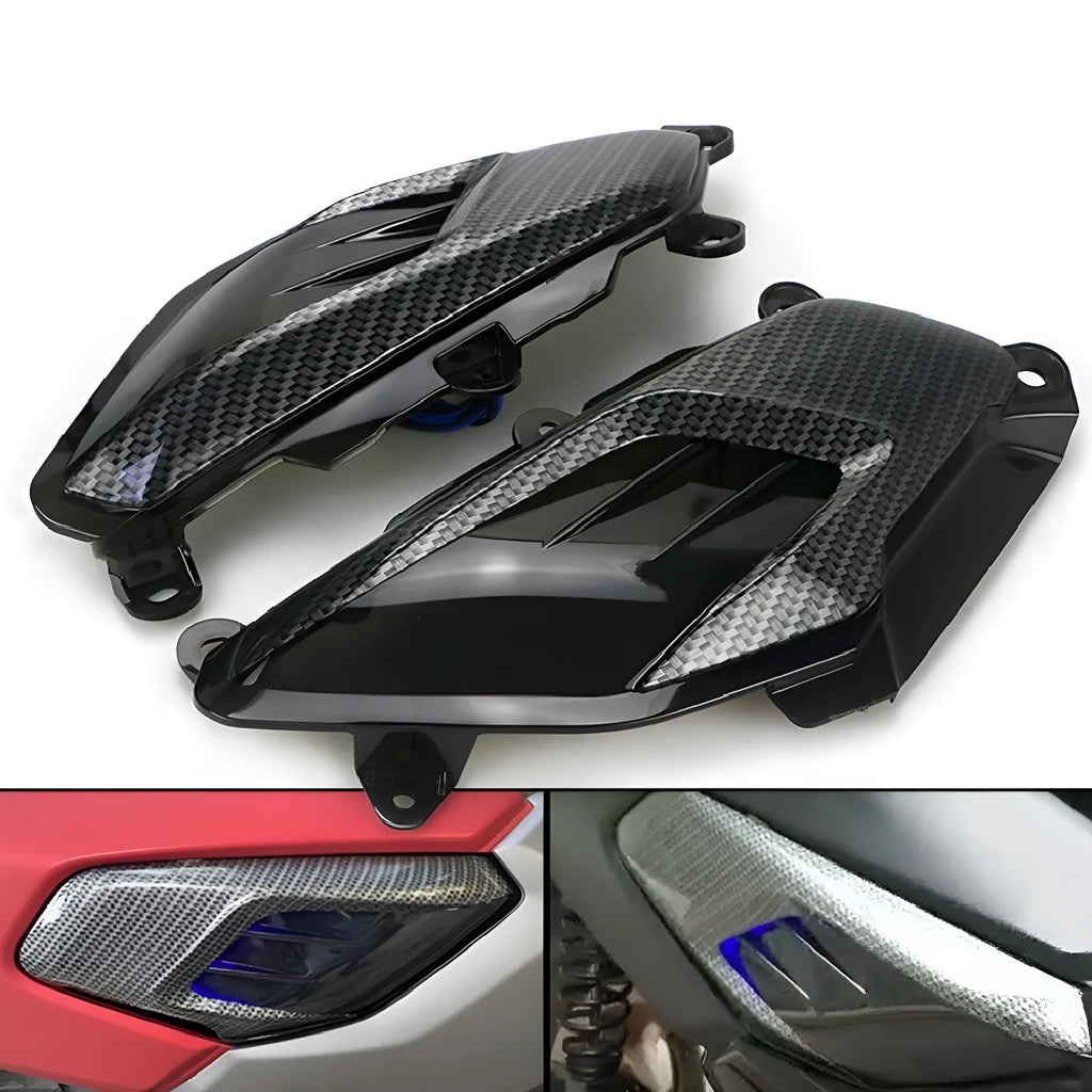 Pair of YAMAHA NMAX carbon fibre side lamps with LED lights in choice of blue or red