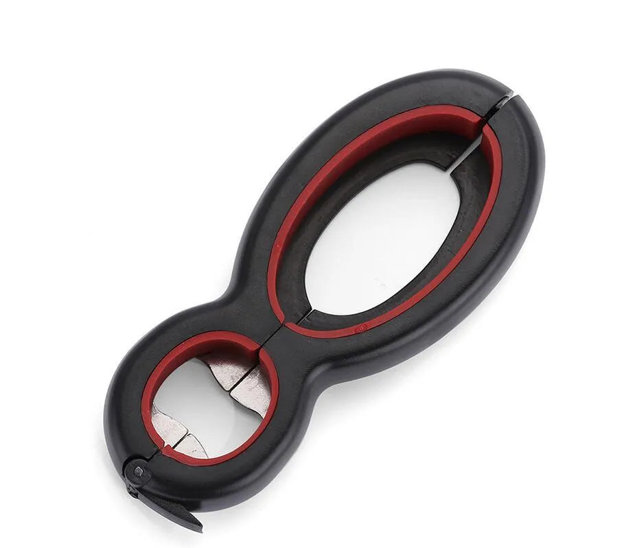 Six-in-one can opener in grey, ergonomic handle with stainless steel parts, on a kitchen counter