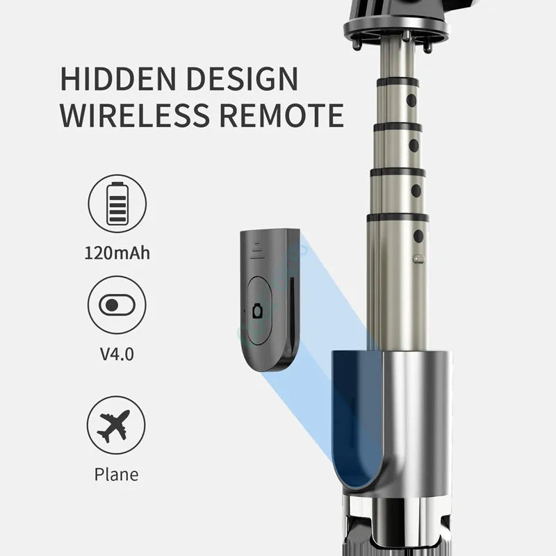 Black adjustable tripod selfie stick extended to full height with iPhone mounted