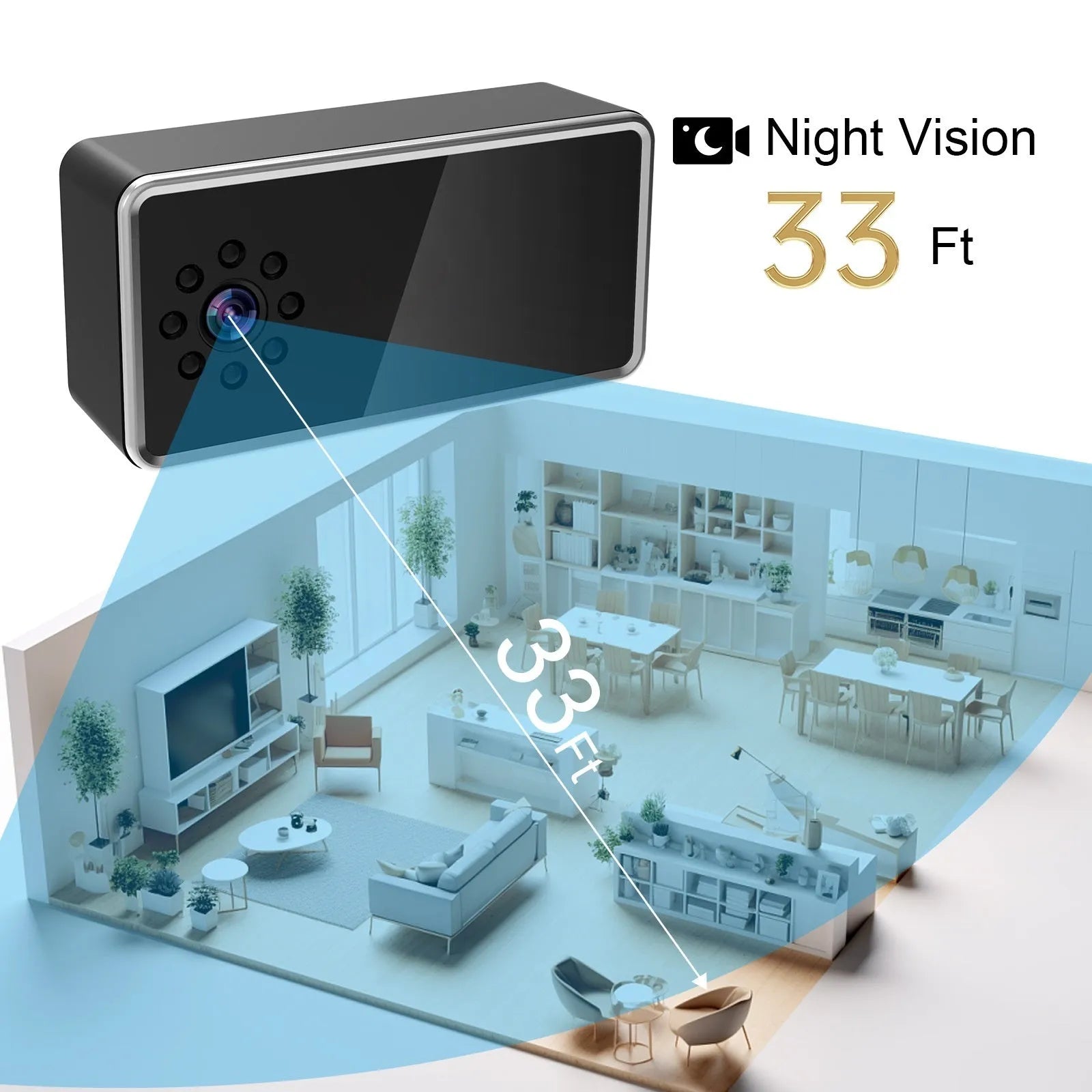 Wireless HD surveillance camera with compact dimensions for indoor security monitoring