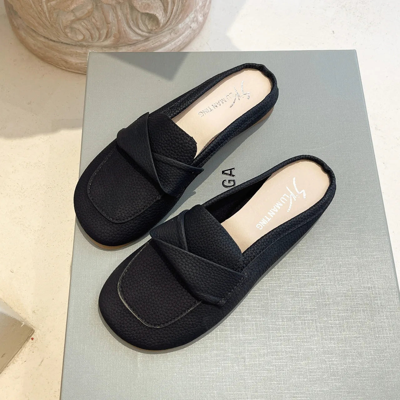 Closed toe loafers half slippers for women, soft bottom heel, square toe, PU upper, beige colour, side view